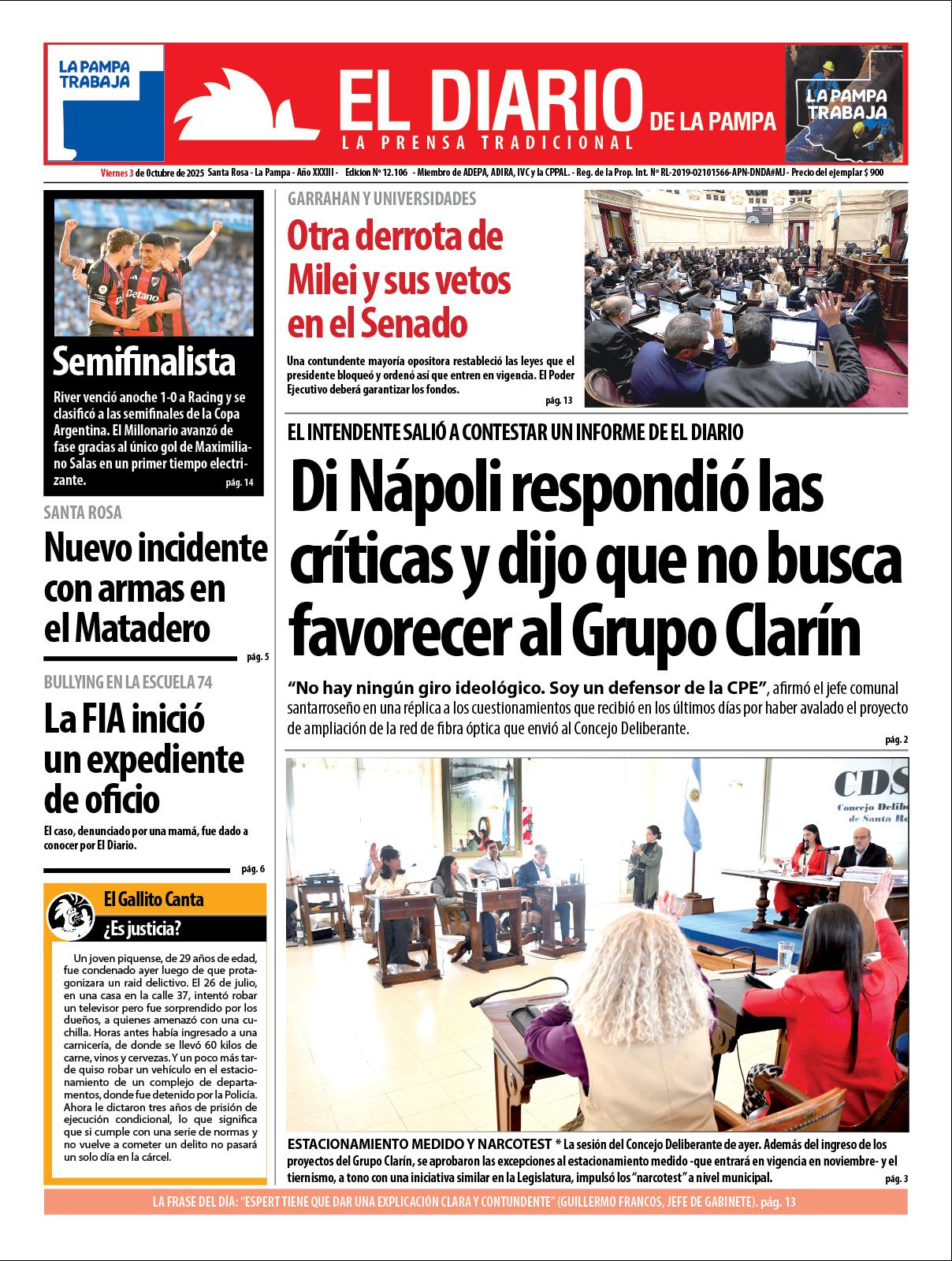 Tapa de El Diario en papel  viernes 03 de octubre de 2025